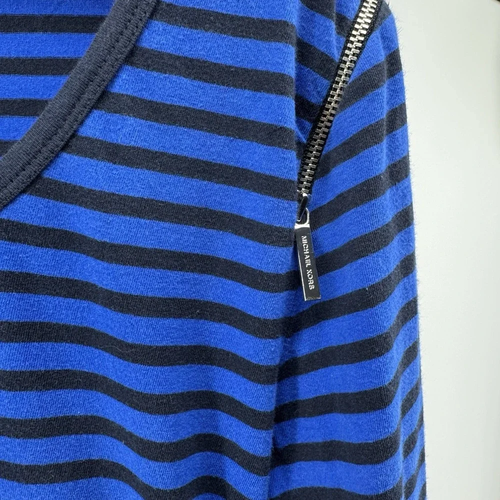 Michael Kors Striped Top Blue Black Zip Shoulder Stretch Slim Rouched Sides Med